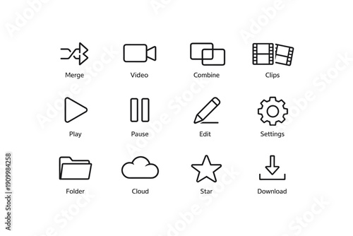 Multimedia icons: video, edit, settings, download, cloud