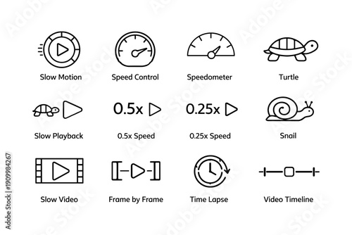 Video editing icons: slow motion, speed control, playback, timelapse symbols