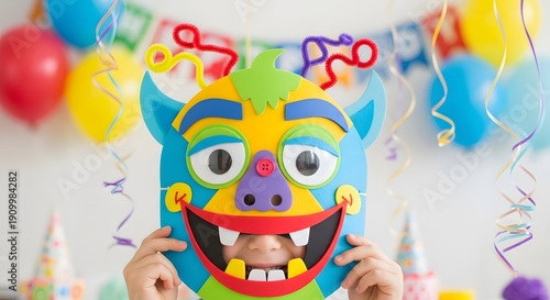 Portrait of a happy smiling clown celebrating a joyful birthday party with a cheerful boy in a colorful cartoon style