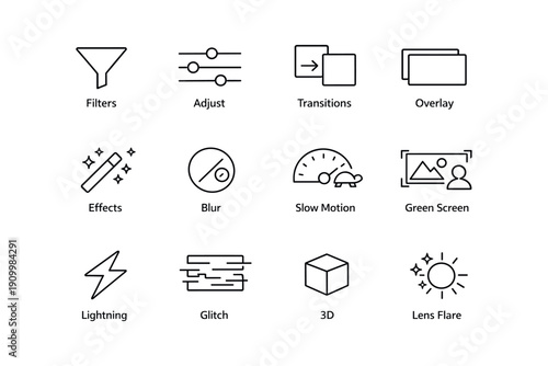 Video editing icons set: filters, transitions, green screen, and more