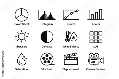Film editing icons: color wheel, histogram, clapperboard, cinema camera, lut