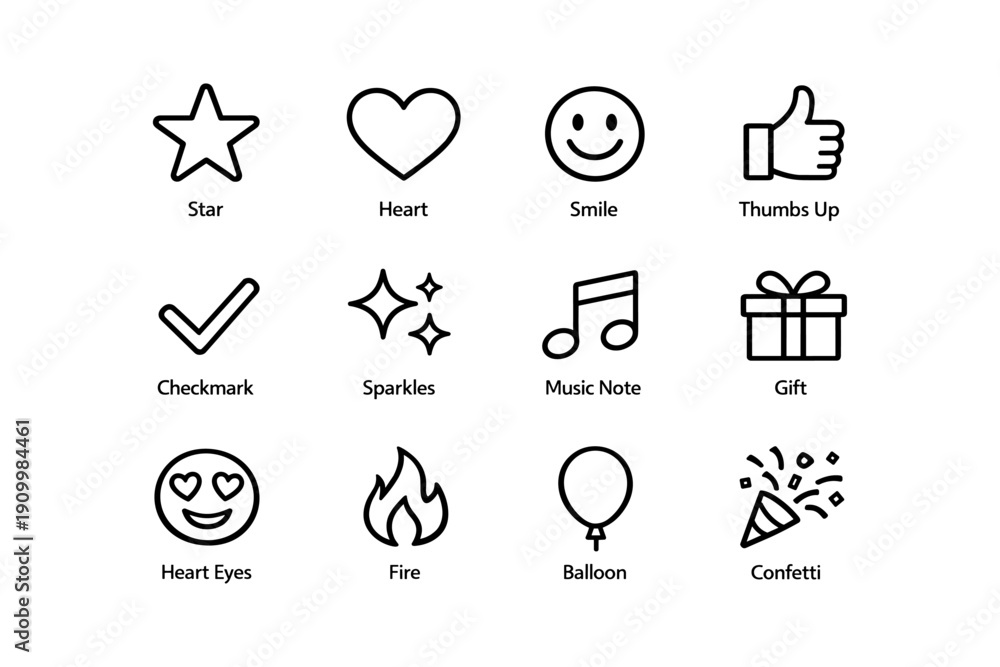 Fototapeta premium Set of 12 minimalist icons: star, heart, smile, thumbs up, checkmark, music note, gift