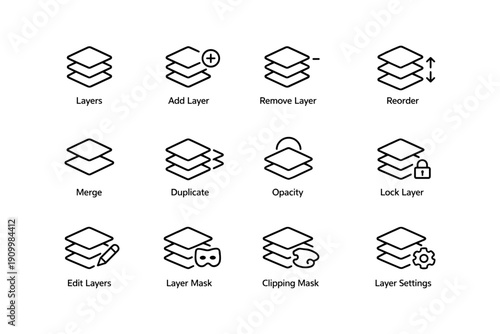 Layer management icons for digital editing: add, remove, merge, duplicate, lock options