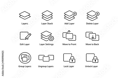 Collection of layer management icons for editing and organizing