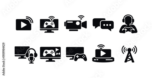 Gaming and streaming silhouette icon set. Video chat, live broadcast symbols collection