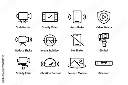 Camera stabilization icons: steady video, anti-shake, gimbal, vibration control, balanced