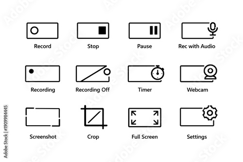 Recording and editing icons: record, stop, pause, timer, screenshot, settings