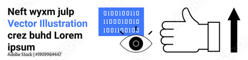 Cybersecurity, data analysis, digital privacy, user feedback, upward trends, data protection. Binary code, eye thumbs up and upward arrow. Cybersecurity and data analysis concept