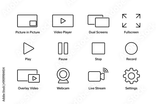 Minimalist icons for media controls and webcam functions