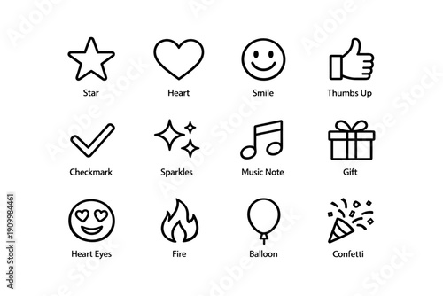 Set of 12 minimalist icons: star, heart, smile, thumbs up, checkmark, music note, gift