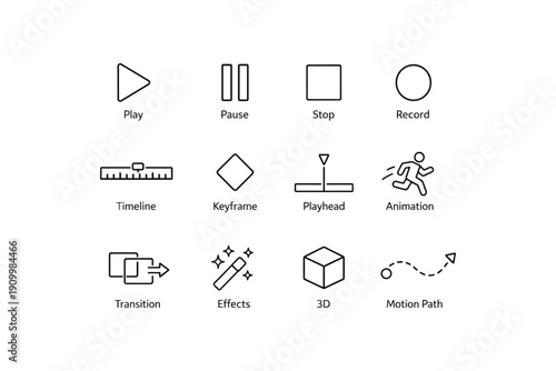 Vector icons for media playback and animation editing tools