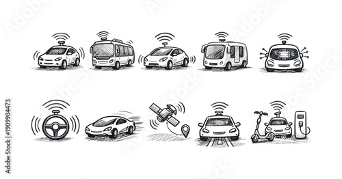 Autonomous vehicles linear icon set. Self-driving, smart transport, electric line icons