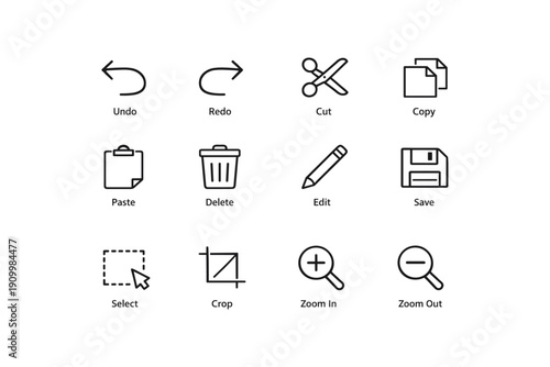 Basic editing icons set featuring undo redo cut copy and more
