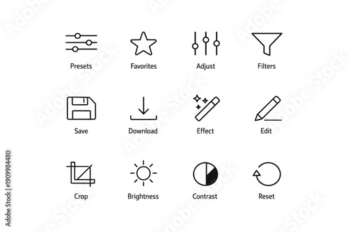 Minimalist icon set: editing, saving, resetting tools for digital media