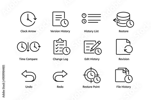 Time management icons set: clock arrow, version history, restore, edit, revisions, undo, redo, file history