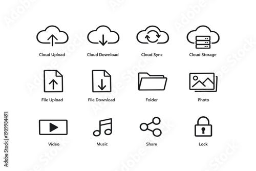 Set of cloud and file management icons for digital storage and sharing