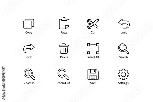 Essential computer icon set: copy, paste, cut, undo, redo, delete, select, search, zoom, save, settings