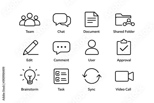 Icons for teamwork and communication: chat, document, edit, sync, video call