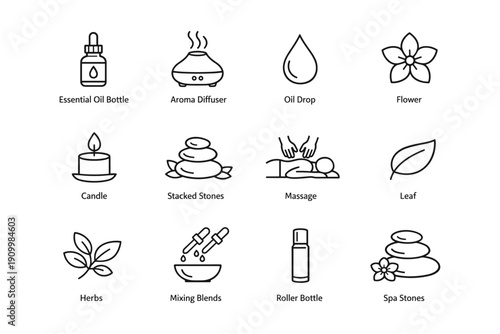 Wellness icons: essential oils, aromatherapy, and relaxation symbols