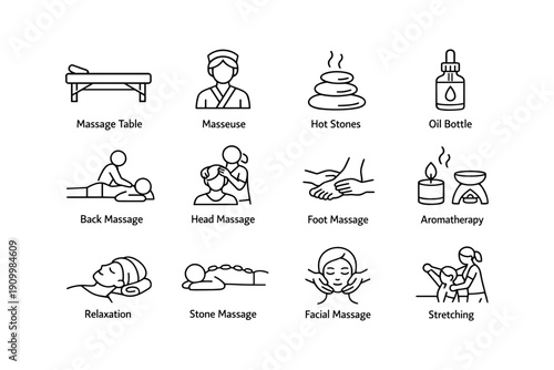 Massage therapy icons: tools and techniques for relaxation and wellness