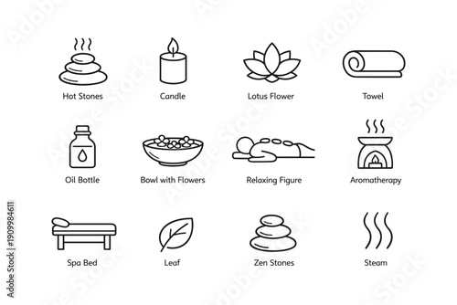 Spa icon set with candle, lotus flower, hot stones, and aromatherapy elements