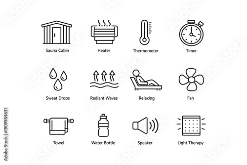 Sauna and spa symbols set with sauna cabin, heater, and relaxing person