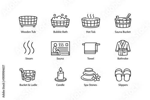 Spa icon set: wooden tub, bubble bath, sauna, towel, bathrobe, candle, slippers