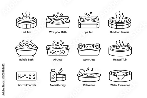 Hot tub and jacuzzi icons: relaxation, aromatherapy, air and water jets, controls