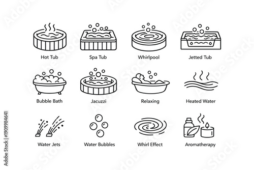 Hot tub icons: spa tub, whirlpool, bubble bath, relaxing, aromatherapy