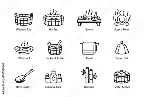Spa and sauna icons set: wooden tub, hot tub, sauna, steam room, essential oils, towel, bamboo