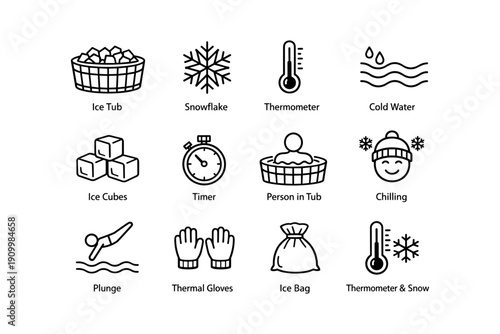 Icons of cold therapy: ice tub, snowflake, thermometer, ice cubes, chilling