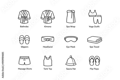 Spa and yoga apparel collection: bathrobe, kimono, eye mask, slippers, flip flops