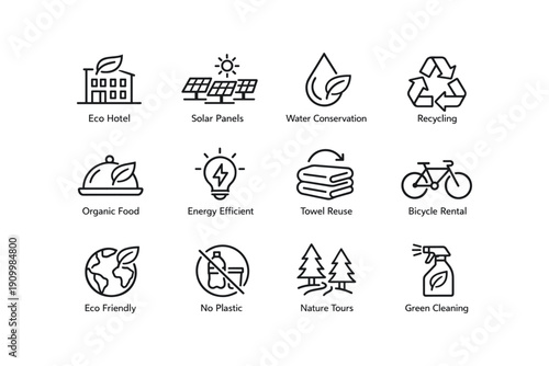 Eco-friendly hospitality icons: solar panels, recycling, energy efficiency, conservation, nature tours