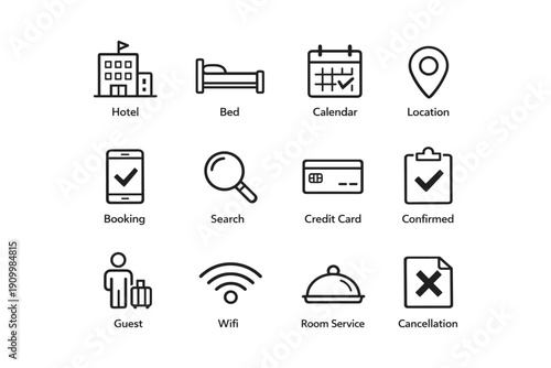 Hotel and travel icons set featuring bed, calendar, and location symbols