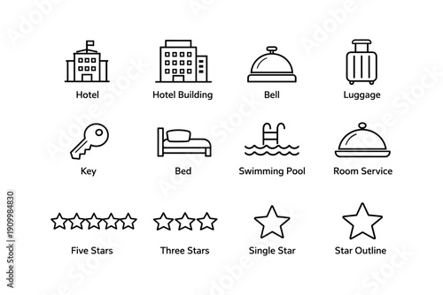 Hotel icon set with bell luggage key bed swimming pool room service stars