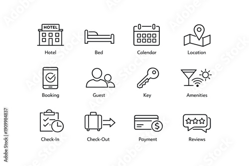 Hotel amenities icons: booking, check-in, location, payment, reviews