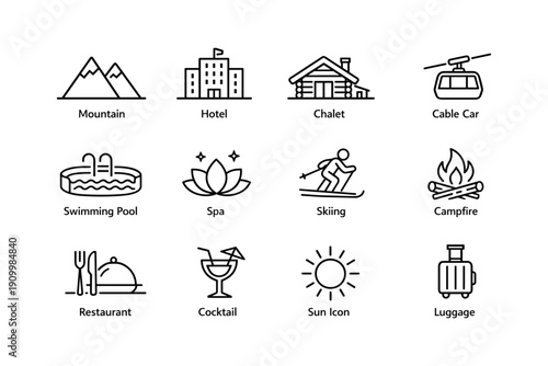 Mountain resort icons: hotel, chalet, cable car, skiing, campfire, swimming, spa, dining, sun