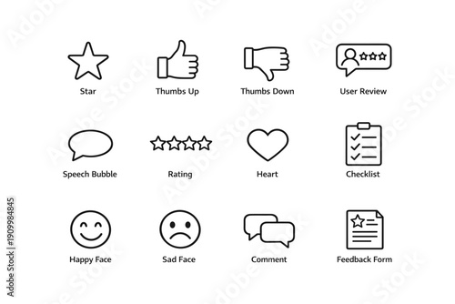 Set of feedback icons including thumbs up, thumbs down, and rating with stars