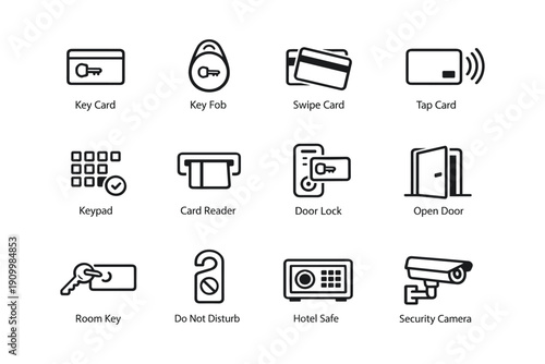 Modern access control icons: key cards, locks, and security devices