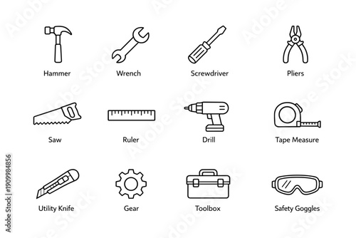 Essential construction tools: hammer, wrench, screwdriver, pliers, saw, ruler, drill, tape measure, utility knife, gear, toolbox, safety goggles