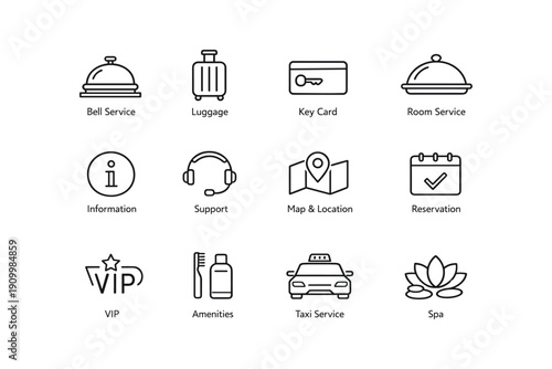 Hotel services icons: bell service, luggage, key card, room service, information, support