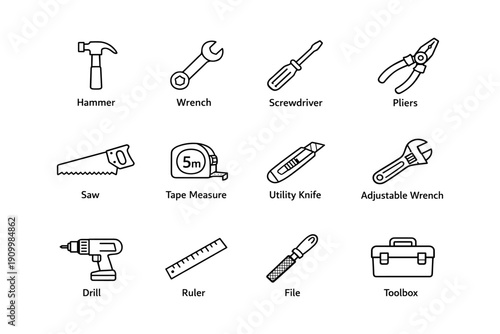 Hand tools set: hammer, wrench, screwdriver, pliers, saw, tape measure, utility knife