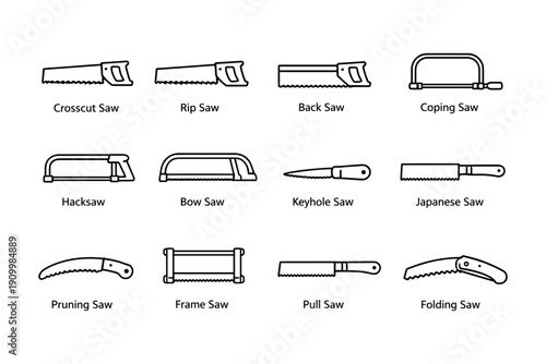 Various hand saw types: crosscut, rip, back, coping, hacksaw, bow, keyhole, japanese, pruning, frame, pull, folding