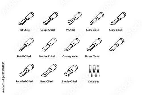 Various woodworking chisels with labels for crafting and carving