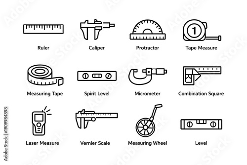 Assorted measurement tools: ruler, caliper, protractor, tape measure, spirit level, micrometer