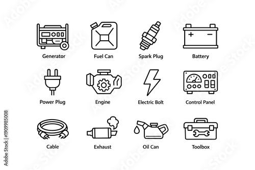 Collection of automotive and electrical equipment icons: generator, battery, engine, more