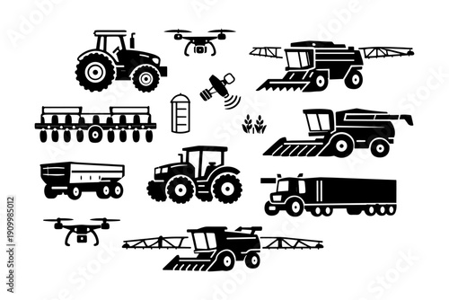 Modern farm machinery icons: tractors, drones, harvesters, and trucks