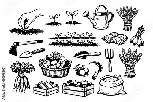 Black and white gardening icons with tools, plants, and harvest items