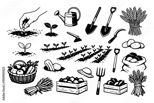 Black and white farming illustrations: tools, vegetables, and crops collection