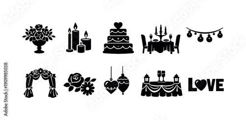 Wedding silhouette icon set. Elegant decor, cake, and candle silhouette icons collection